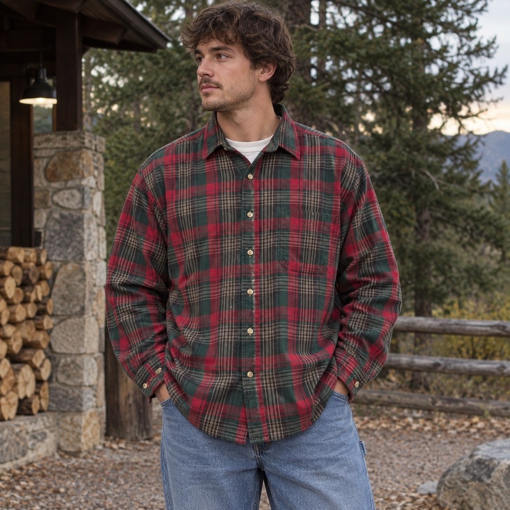 Vintage Cabelas Shirt Mens XLT Red Green Plaid Flannel Cotton Button Up USA